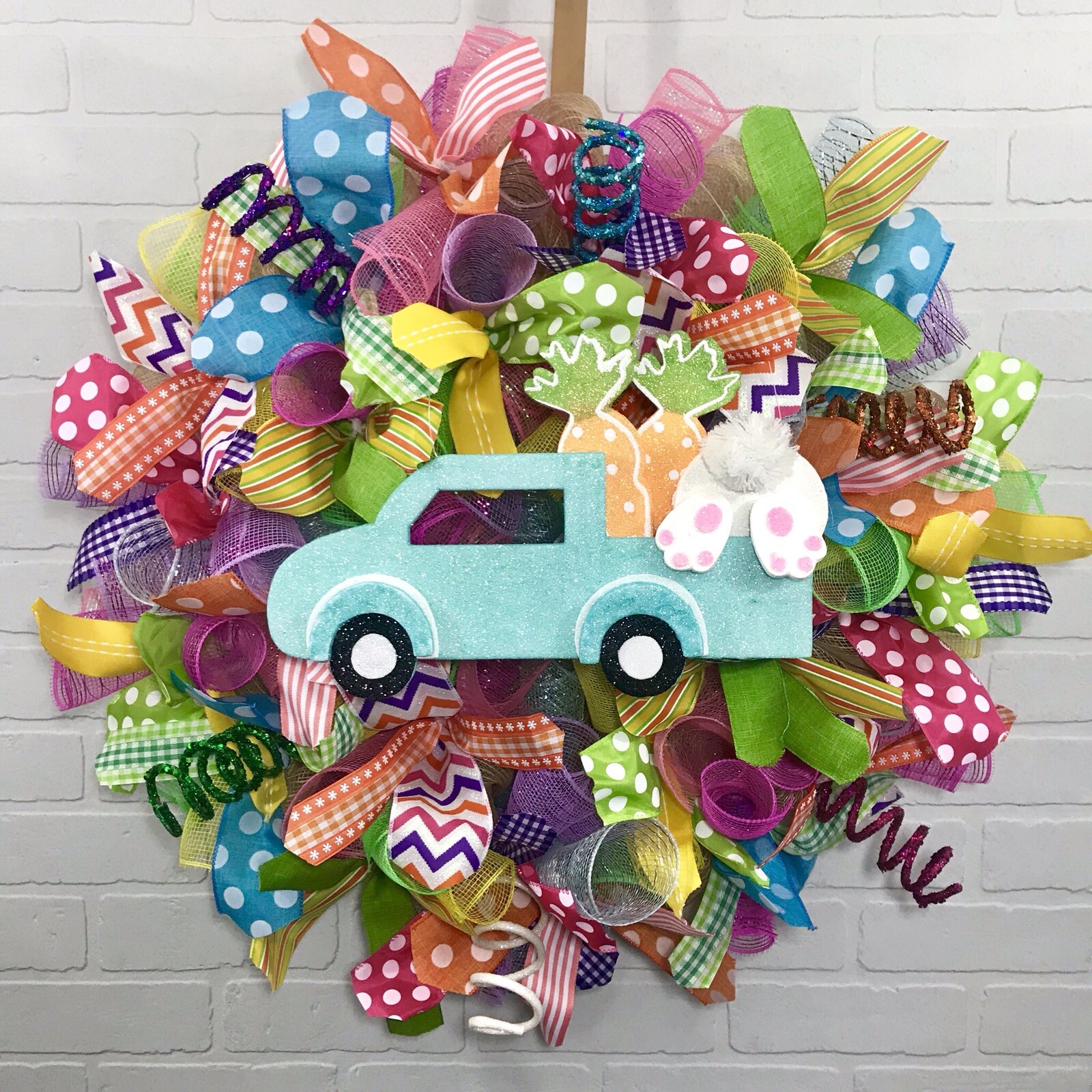 Easter, Spring, Bright, Pink, Blue, Yellow, Fun, Whimsical, Deco Mesh Wreath