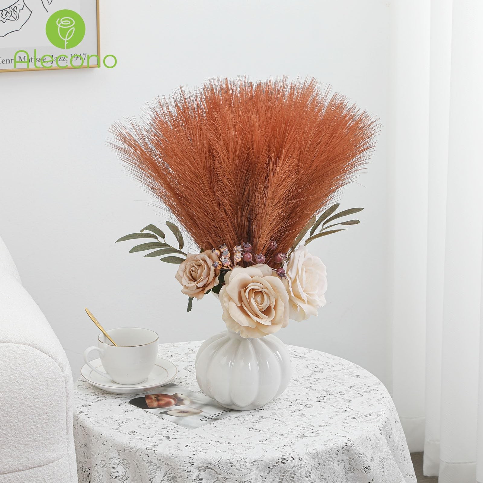 30Pcs Pampas Grass Decor 17.7 Inch, Artificial Faux Fall Orange Pampas for Fl…