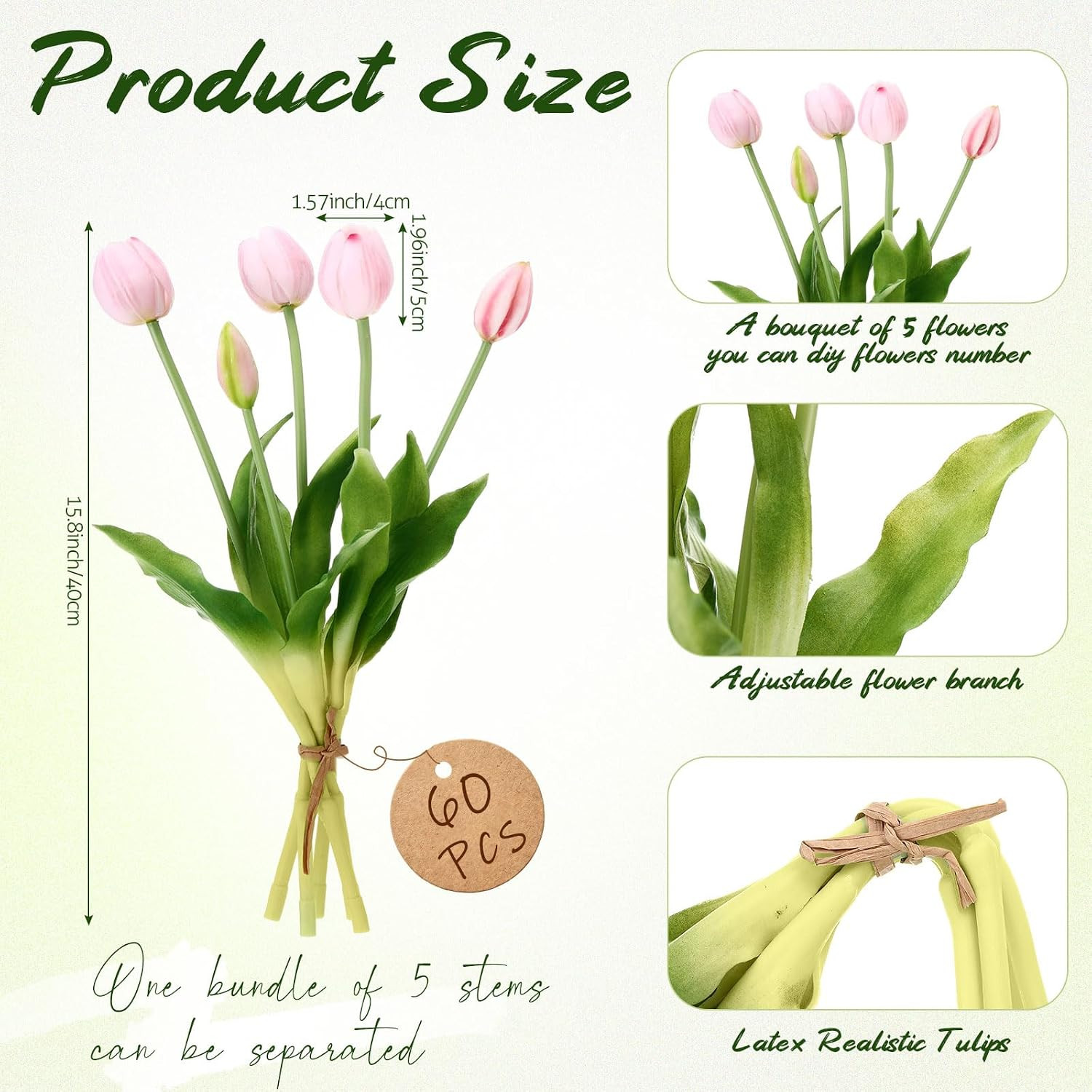 60 Pcs Pink Artificial Tulips Flowers Bouquet Bulk, Fake Tulips15.8″ Realistic S