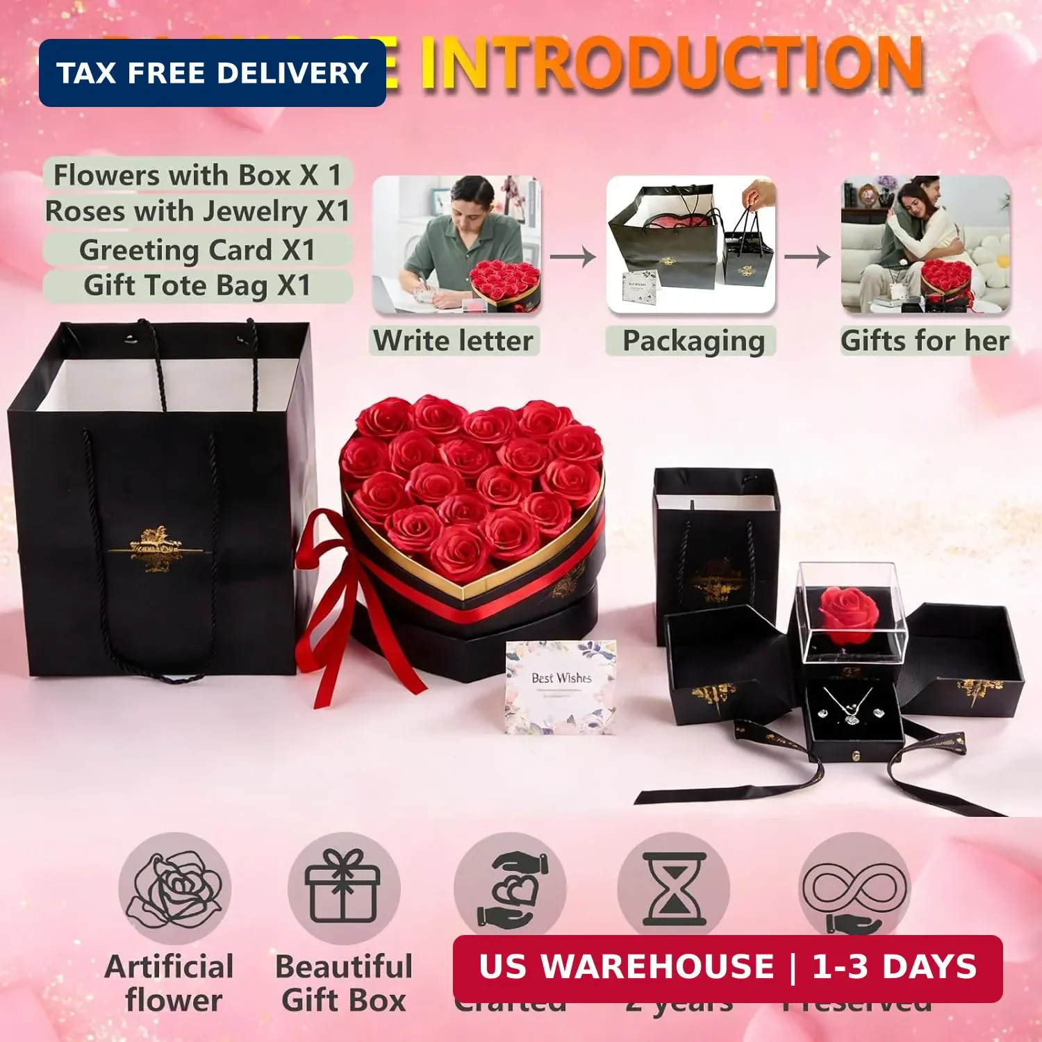 Artificial Forever Preserved Flowers Box & Preserved Roses with Necklace Ring Ea
