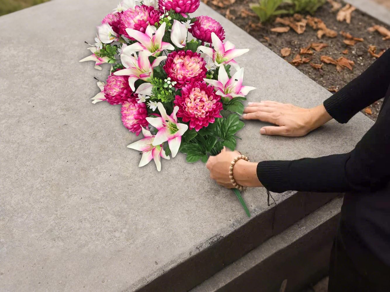 Large Artificial Lily Chrysanthemums Cemetery Flowers For Grave Vase Sympathy