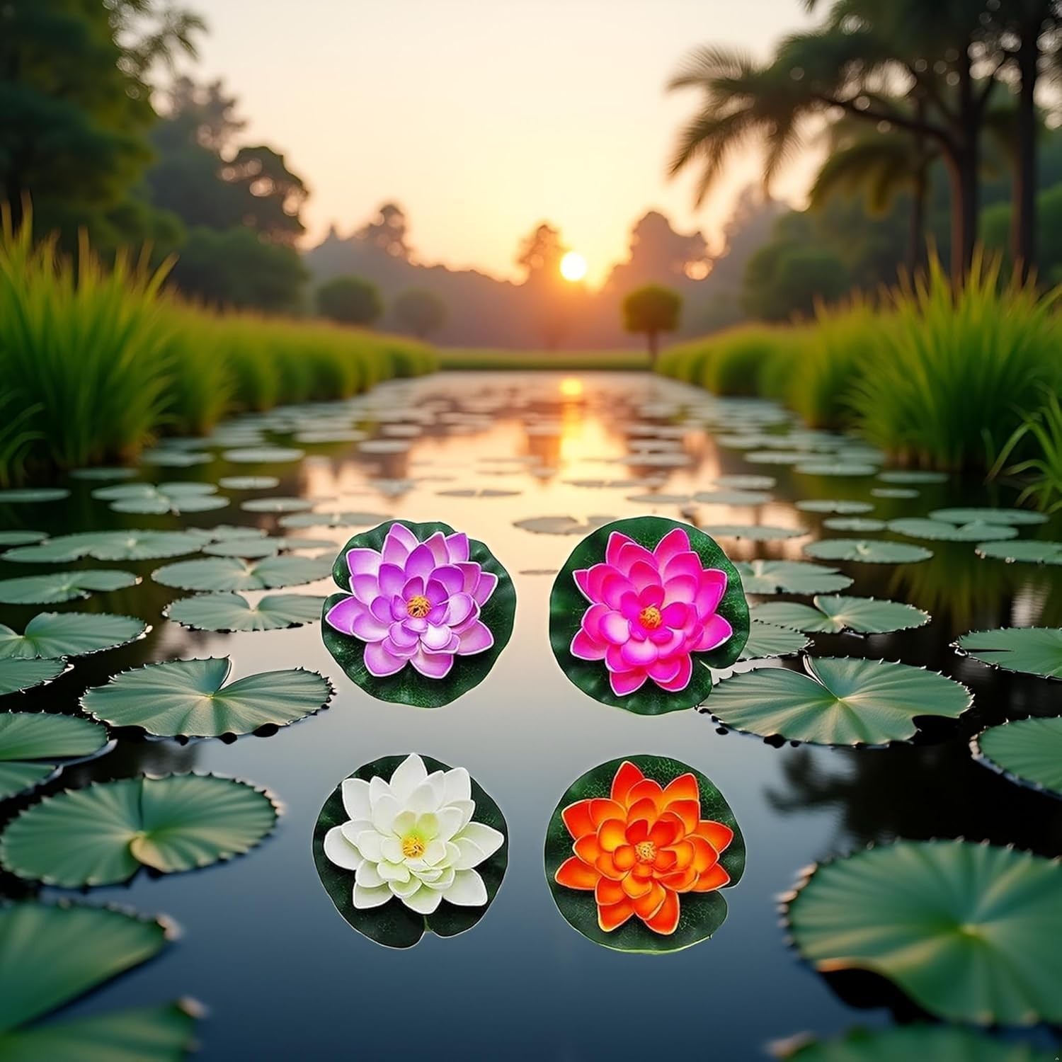 4Pcs Artificial Flowers Water Lily Foam Lotus Flower Pond Decor for Pond Pati…