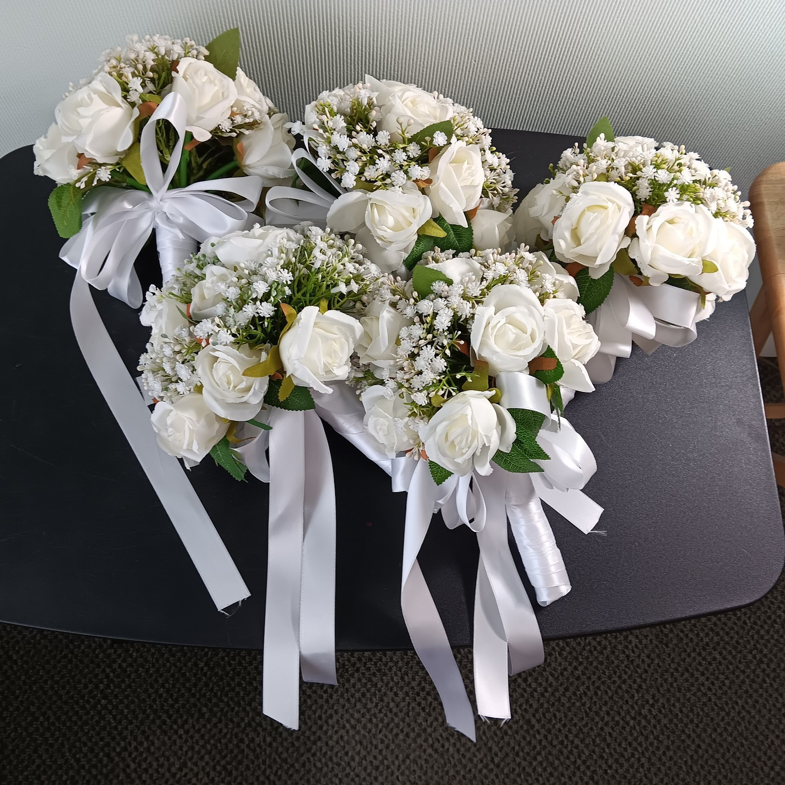 Lot Of 5 (1 Dozen) Artificial White Rose Faux Silk Bridesmaids Bouquets
