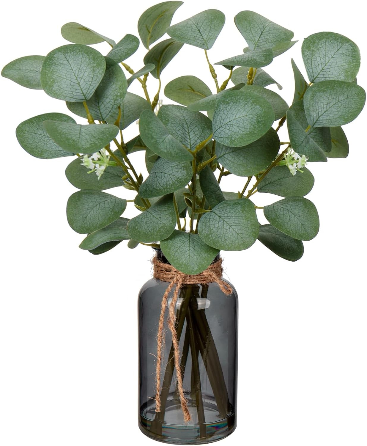 Artificial Eucalyptus Stems in Black Glass Vase with Faux Water