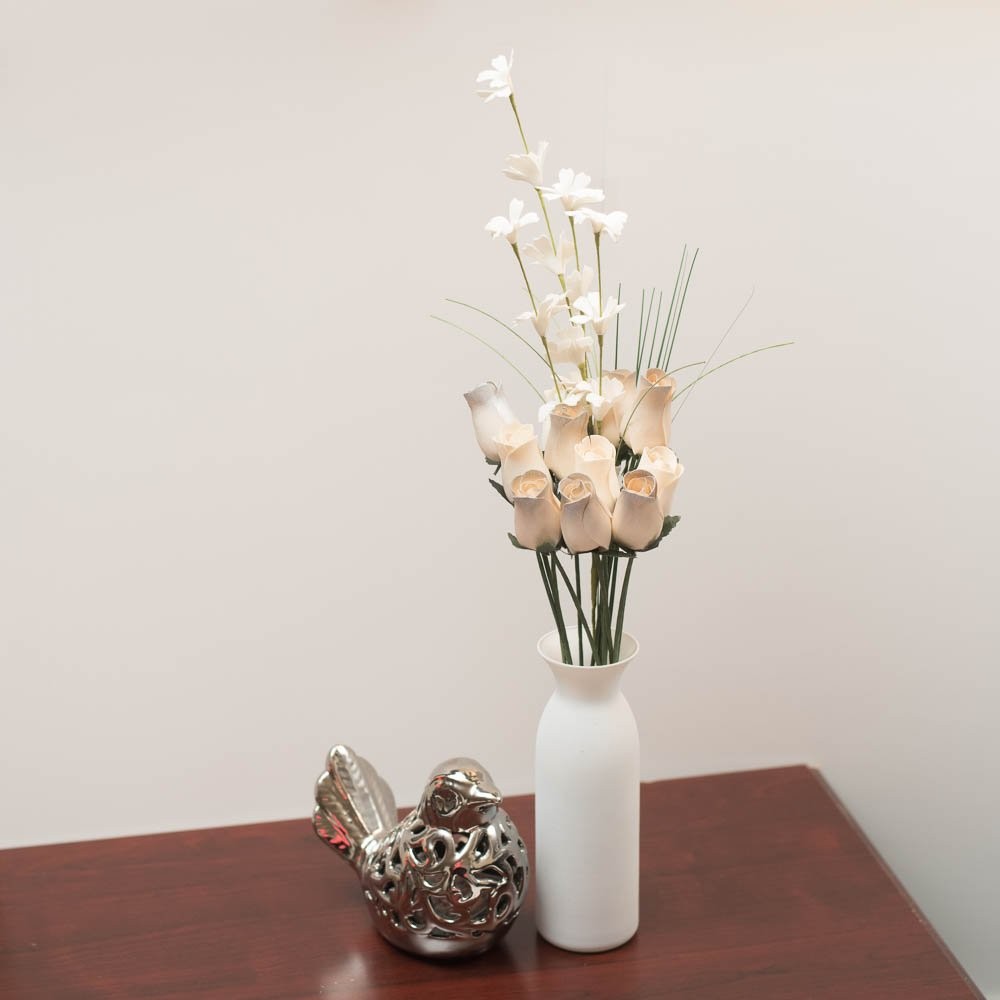 25th Anniversary Silver, White Closed Bud Wooden Rose Flower Bouquet, 1 Dozen