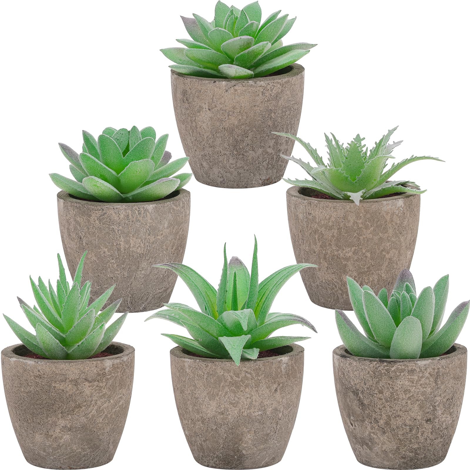 6pcs Assorted Faux Green Succulents Plastic Pots Shelf Windowsill Decor
