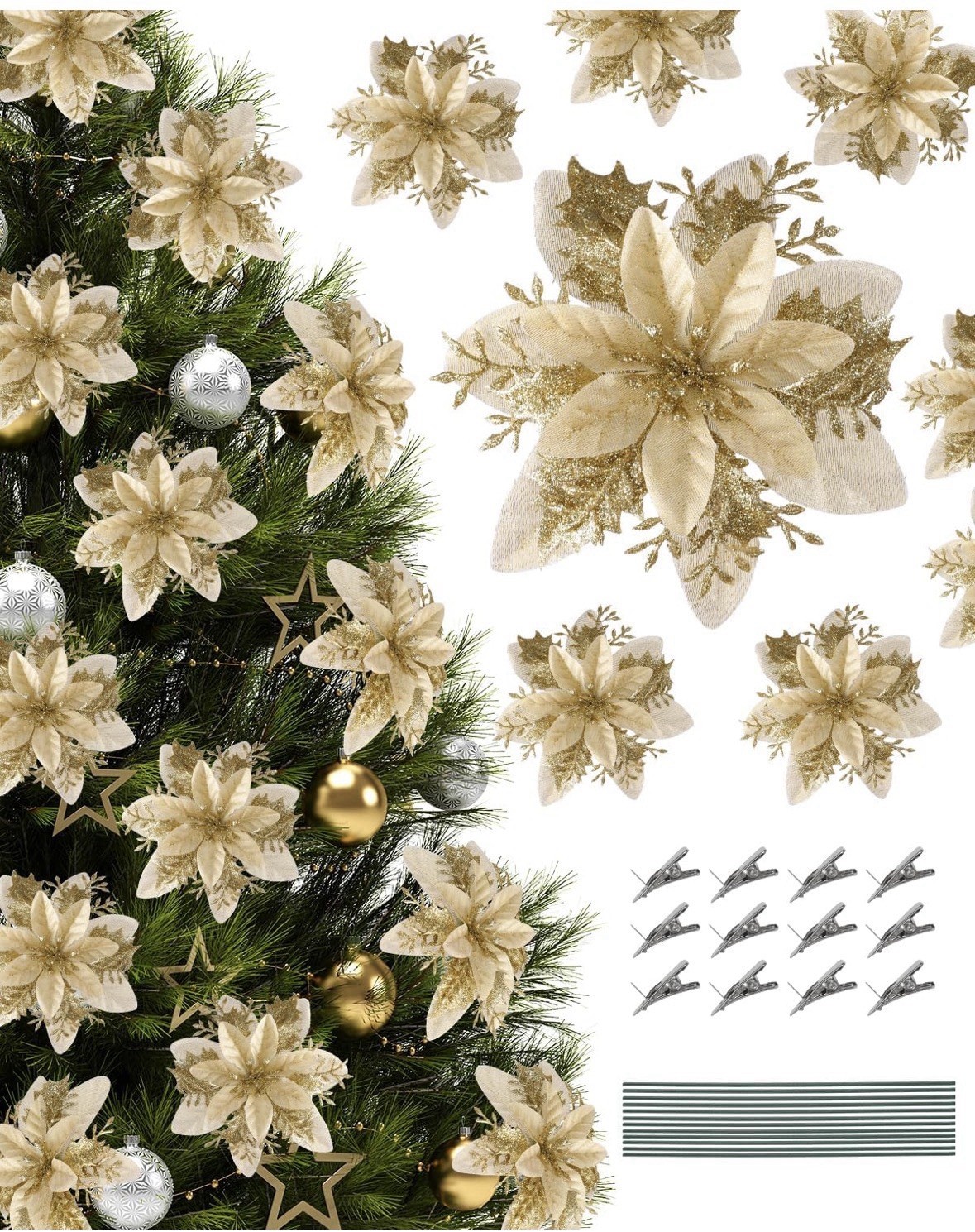12pc Gold Articial Glitter Poinsettia Flowers Clips & Stems Christmas 5.5in