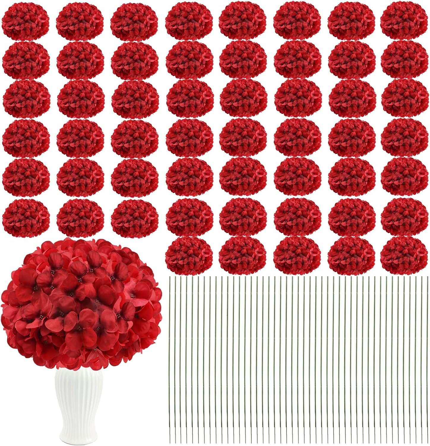 104 PCS Silk Hydrangea Flower Heads with Stems for DIY Decor