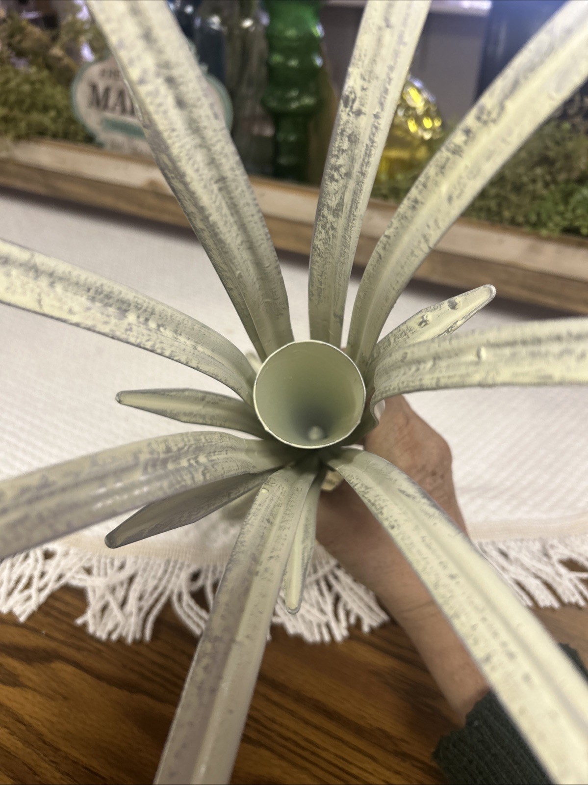 Vintage French Bouquet Holder Aged White Metal Displayer For Floral Cottage New