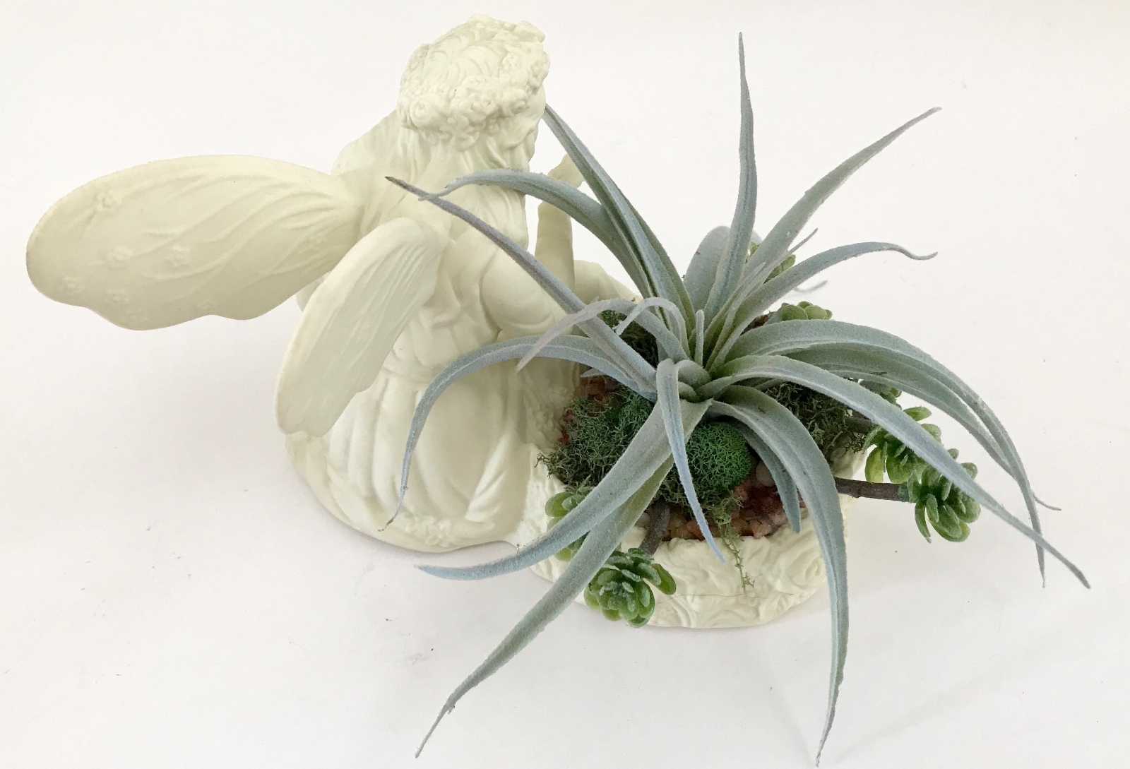 Decorative Ceramic White Seated Angel with Flower Basket Green Grass Succulent