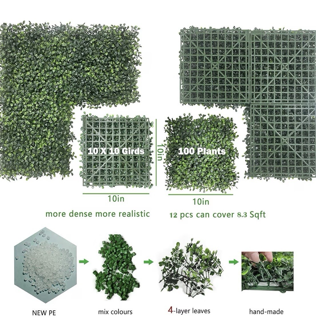 12PCS 10”×10” Boxwood Panels, Artificial Grass Wall Panels Greenery Backdrop