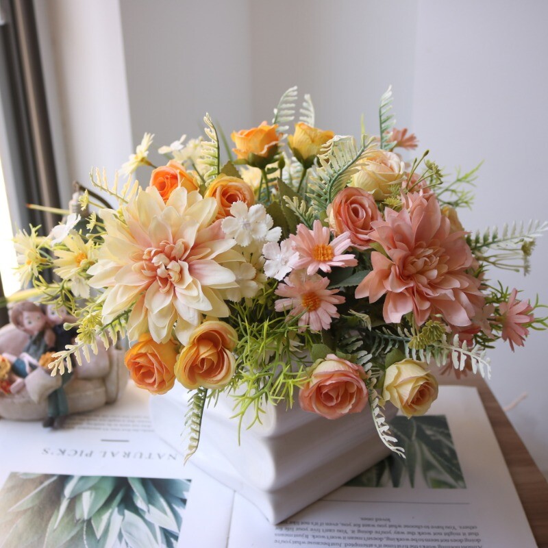 Dahlia Rose Chrysanthemum Simulation Bouquet Silk Flower Bride Wedding Props DIY