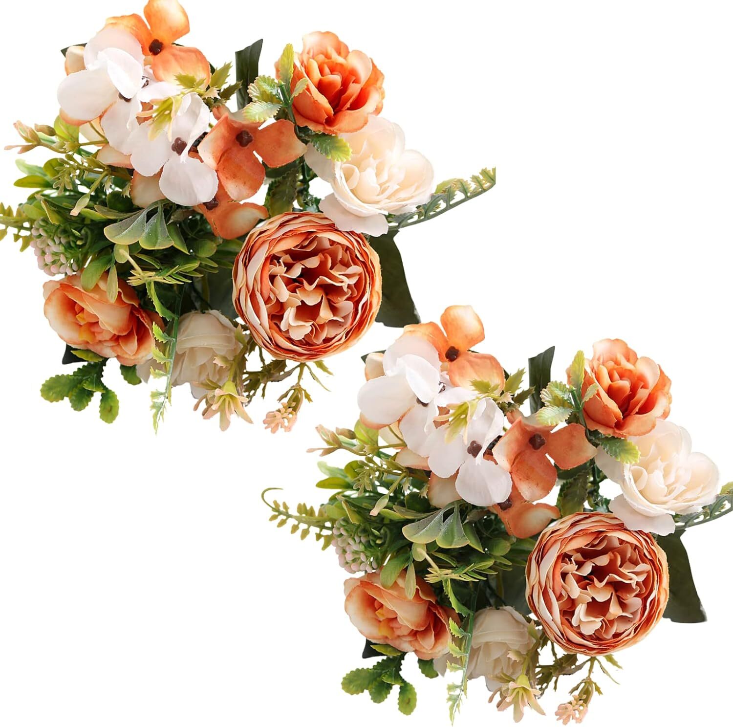 Orange Artificial Flowers: 2Pcs Fake Peony Silk Hydrangea Bouquet, Fall Rose Cen