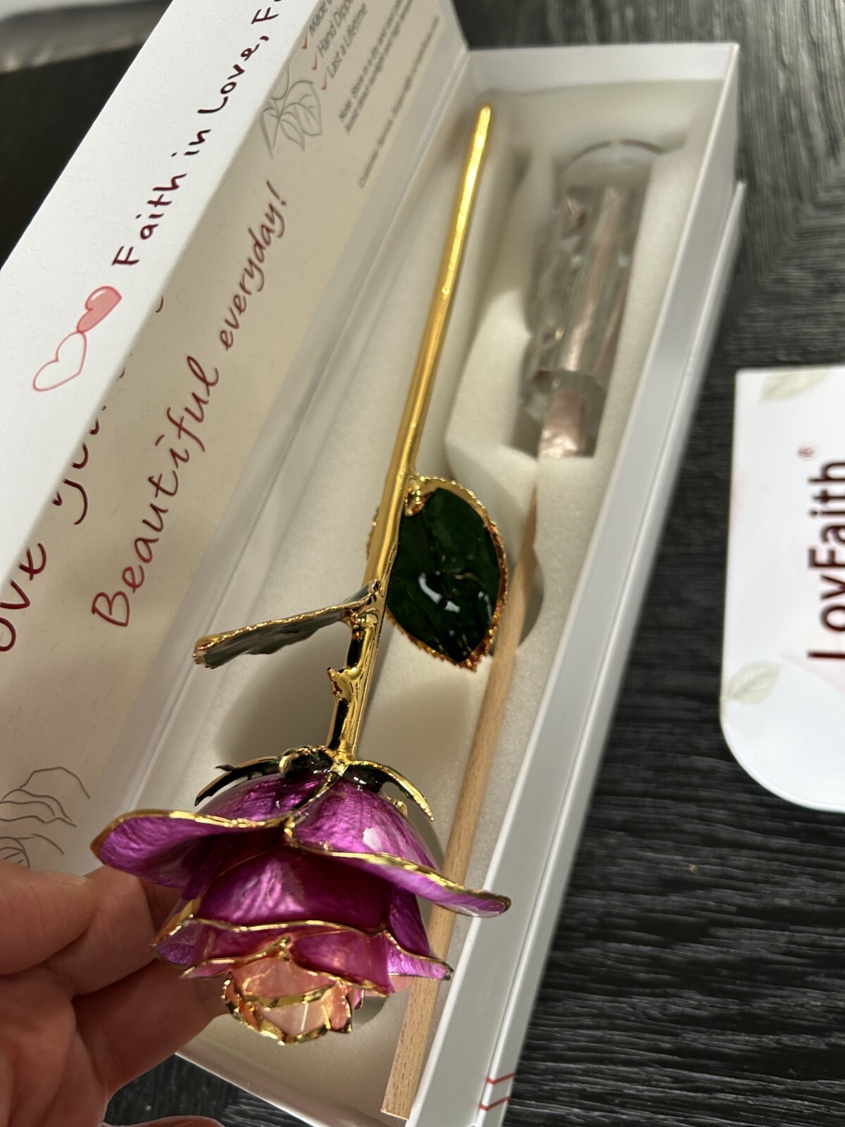 LovFaith Valentines Day Real Rose Dipped 24K Gold with Crystal Stand
