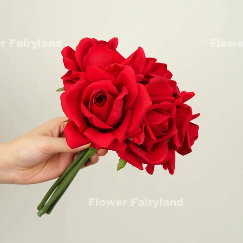 5 Stems Real Touch Moist Latex Rose Bouquet – Bright Red | Artificial Flower