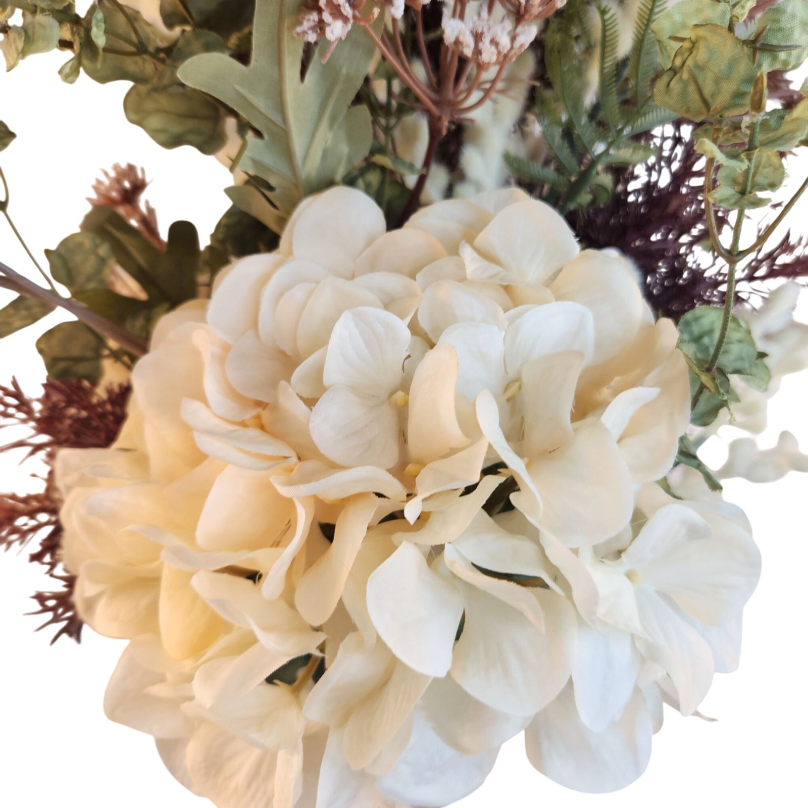 Artificial Floral Arrangement Beige Hydrangea & Cream Mum Bouquet Hand Tied
