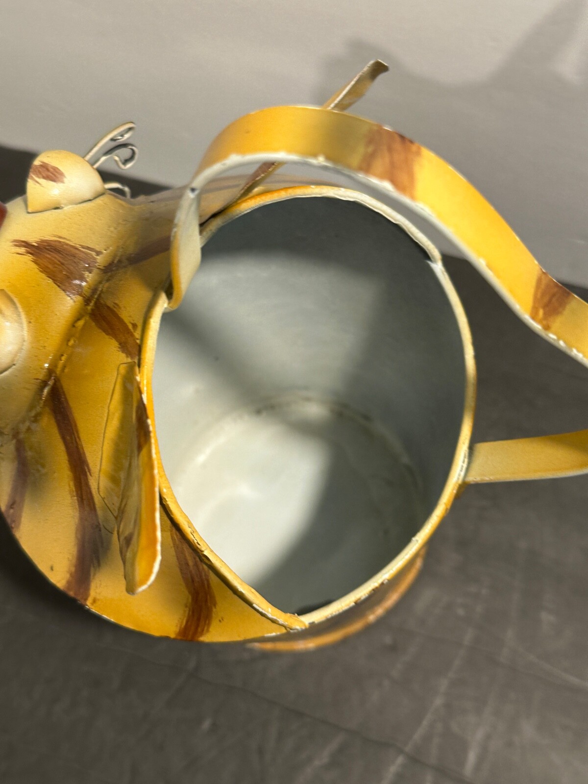 Metal Hand-Painted & Distressed Whimsical Yellow Tabby Kitty Cat Watering Can