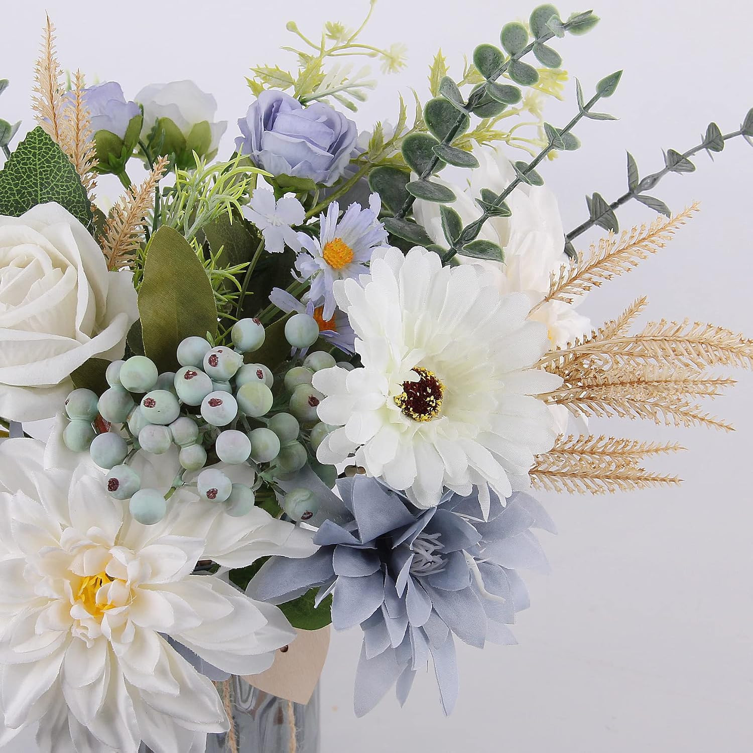Fake Flowers with Vase, Silk Dusty Blue Rose Hydrangea Artificial Flowers in Vas