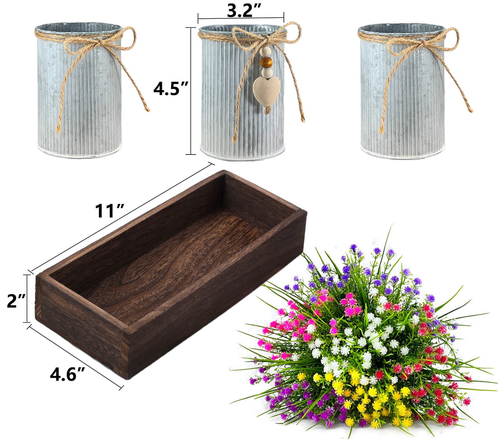 Gypsophila Baby’s Breath Artificial Flowers in Rustic Metal Pots and Wood Tra…