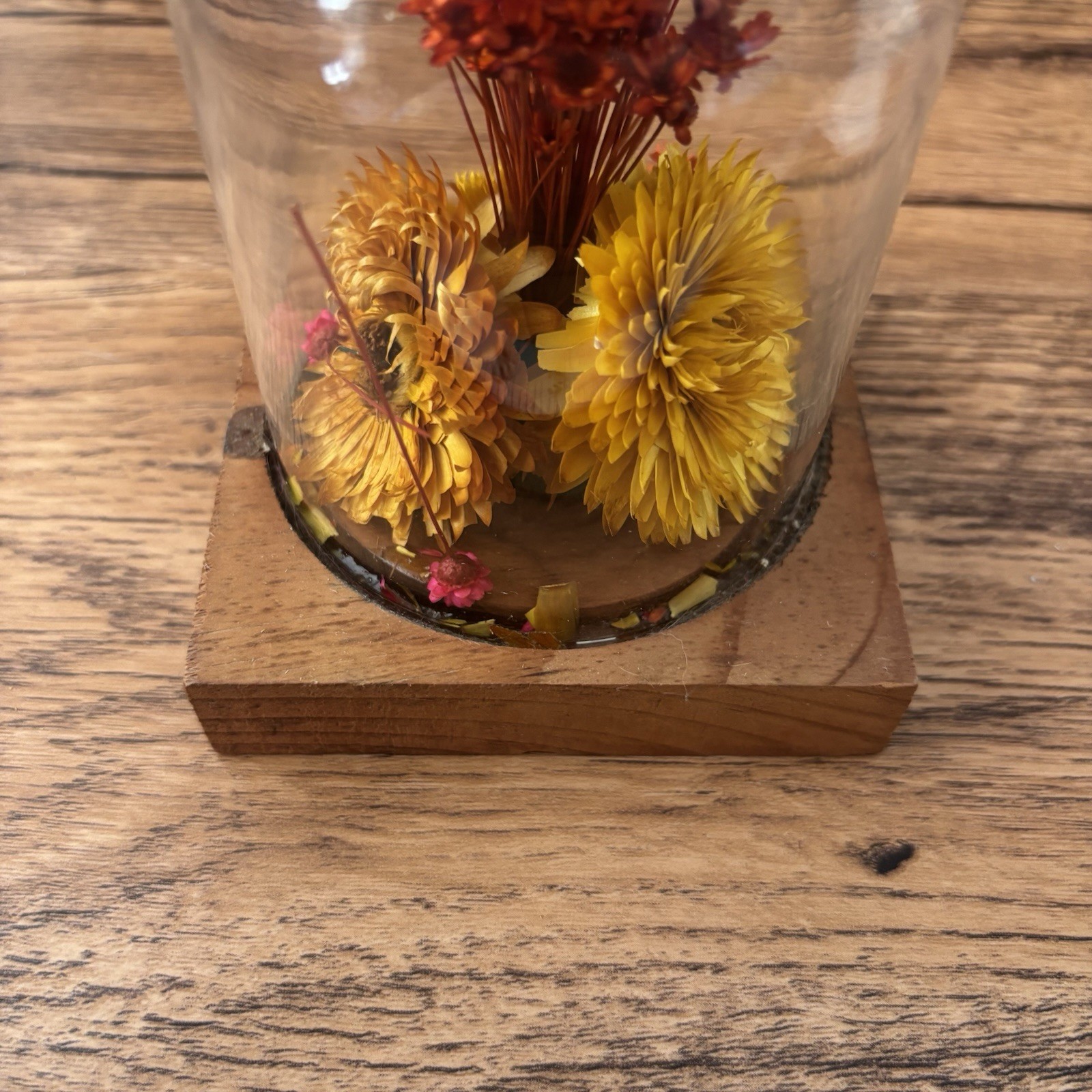 Vintage Dried Flowers Cloche Glass Dome Wood Base Boho Cottage Floral Shelf Deco