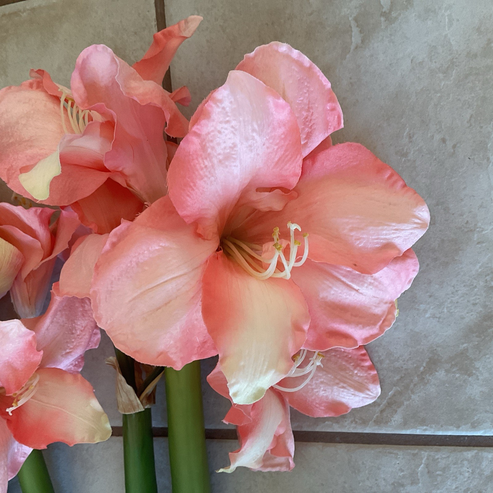 Faux Amaryllis Bundle 6 Stems 3 Blooms On Each Stem Pink Peach