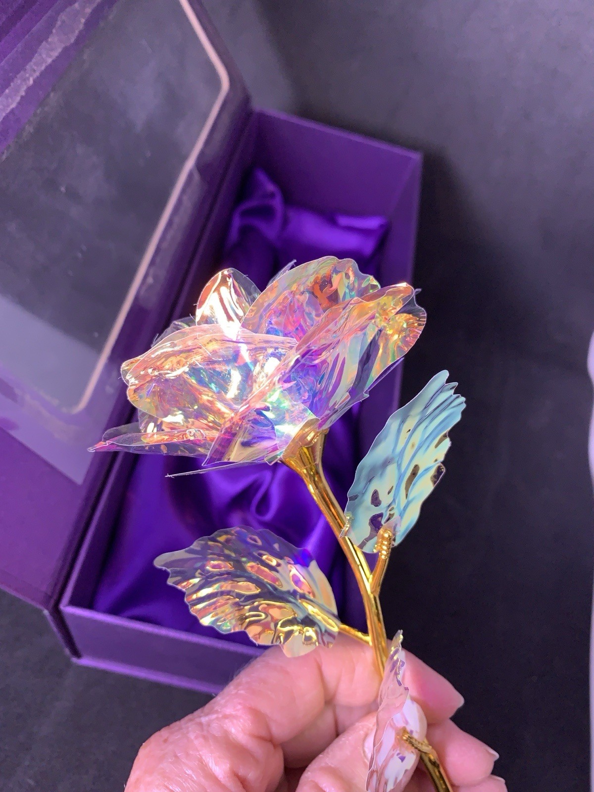 24K Gold Stem Rose Iridescent Petals 9″ Purple Satin Boxed