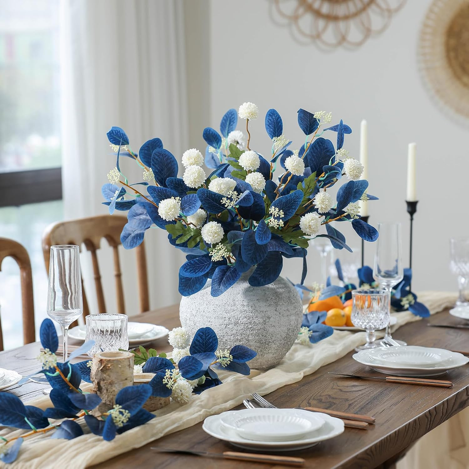 Blue Eucalyptus & Beige Silk Mums – 15Pcs Faux Floral Arrangement for Decor