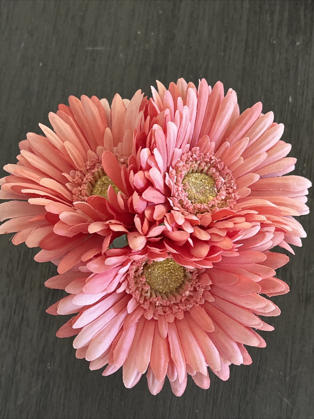 Vtg FAUX FLOWERS in FAUX WATER VASE 6 1/2″ Pink Gerbera Daisy GLASS Faux Water