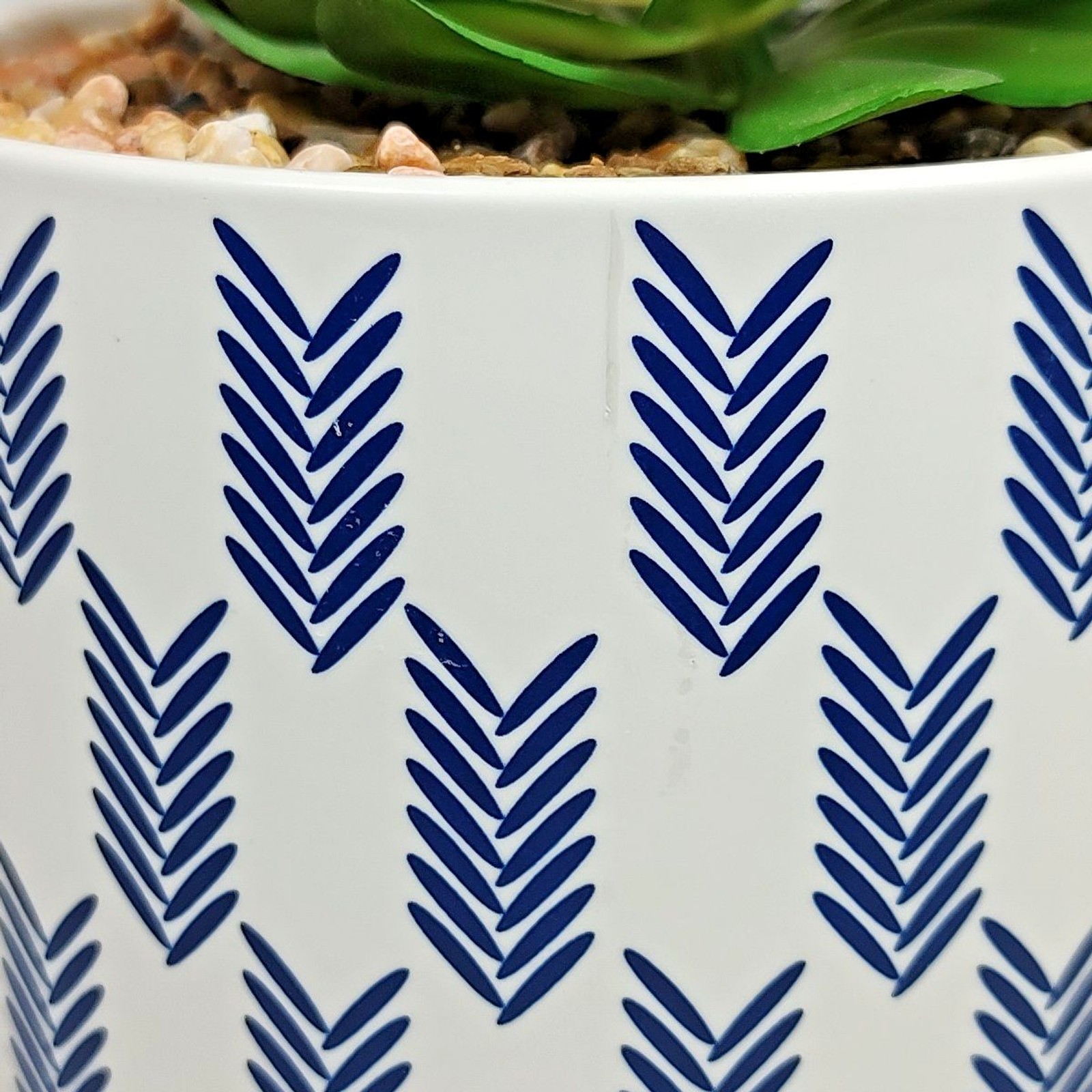 Modern Coastal Artificial Succulent Potted Houseplant Navy Blue White Chevron