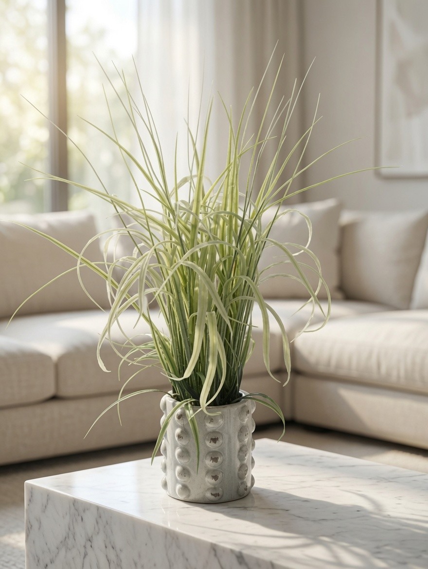 Artificial Grass Houseplant Arrangement Ribbed Textured Ceramic Pot Planter VG