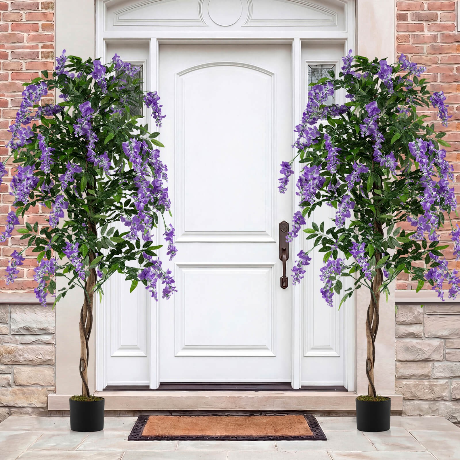 6 FT Artificial Wisteria Tree Set of 2 w/Natural Trunks Purple Lifelike Flowers