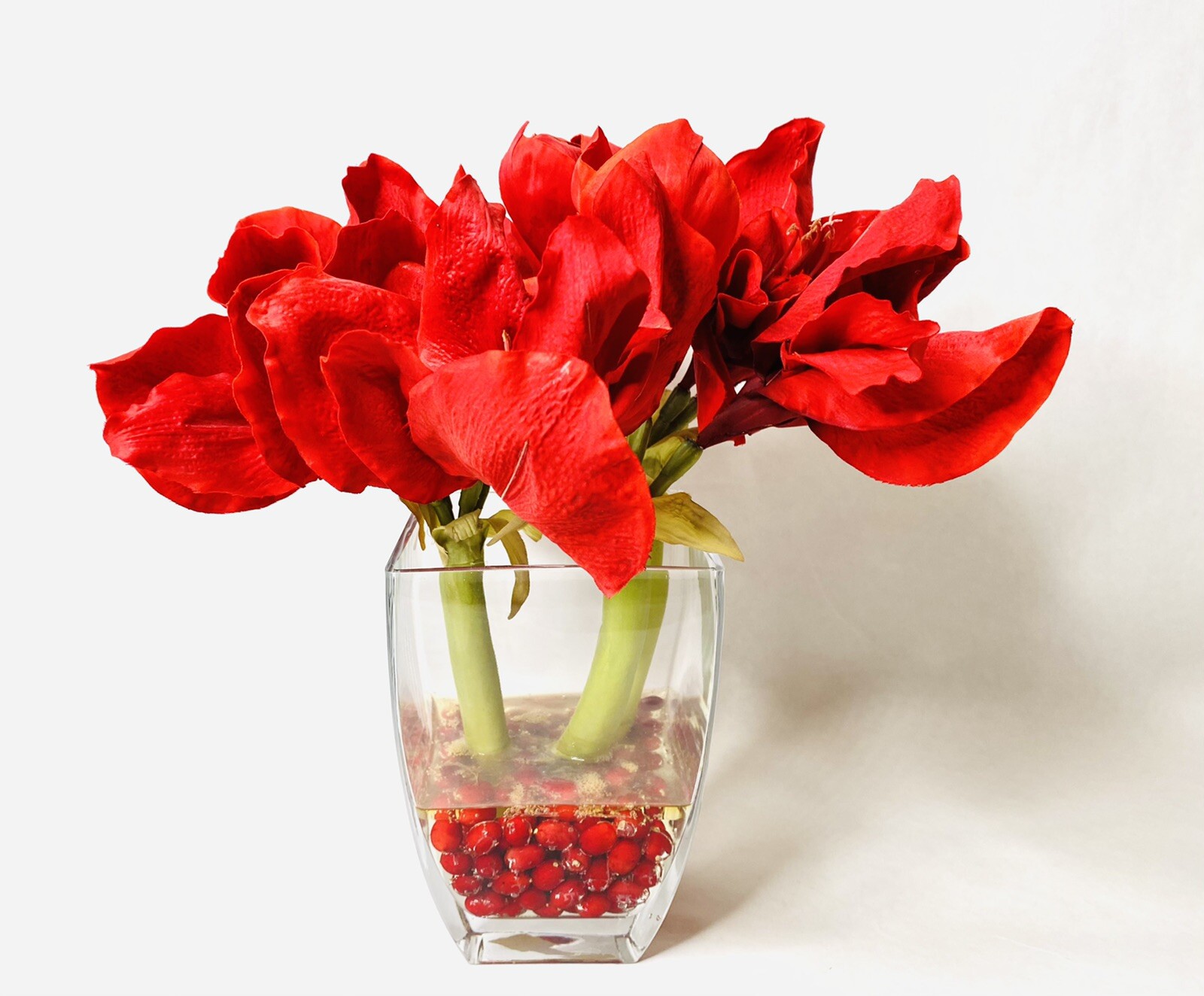 Red Amaryllis Artificial Flower Arrangement Square Glass Vase Water 15” Tall