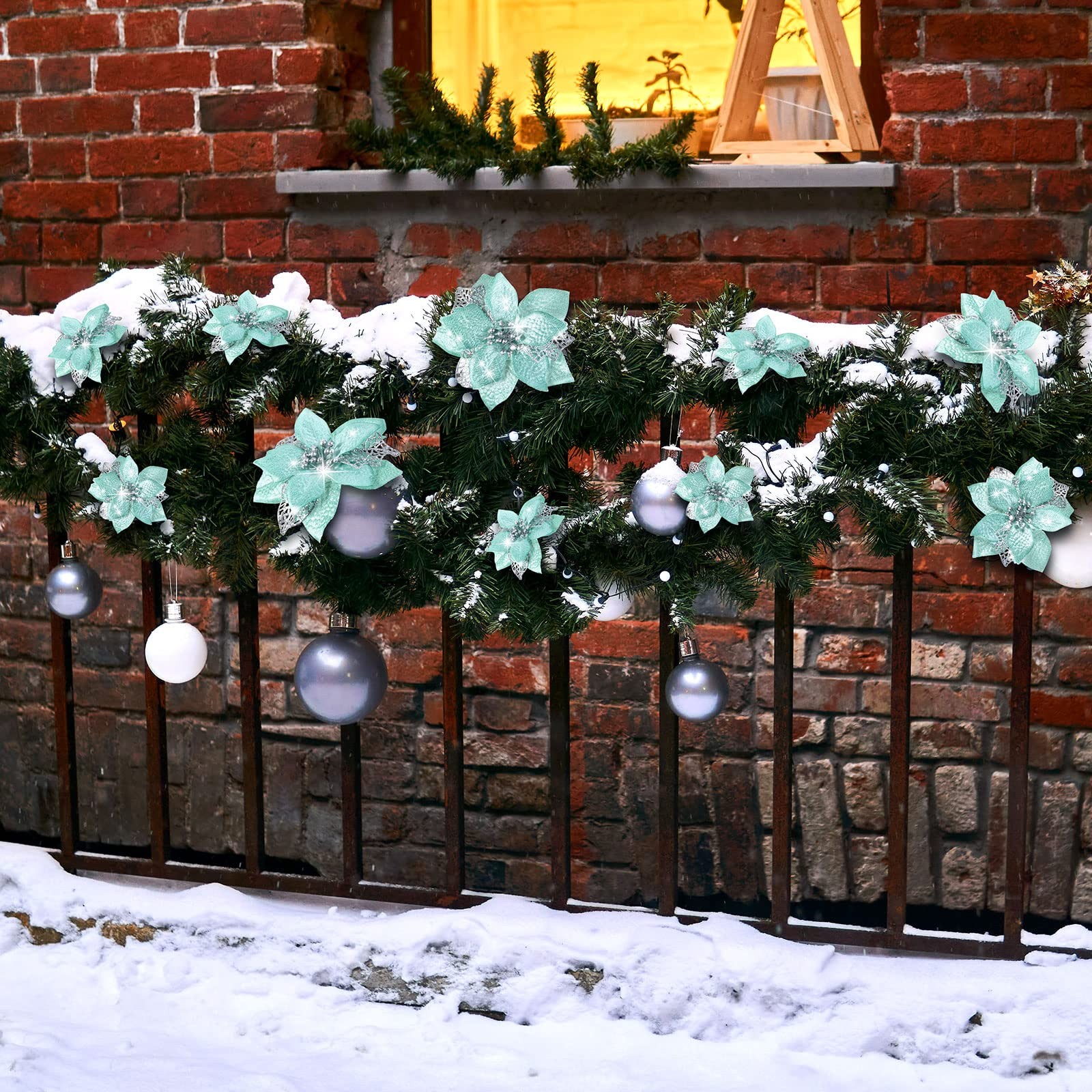 Mint Green Christmas Artificial Glitter Poinsettia Flowers 72 PCS 3 Sizes
