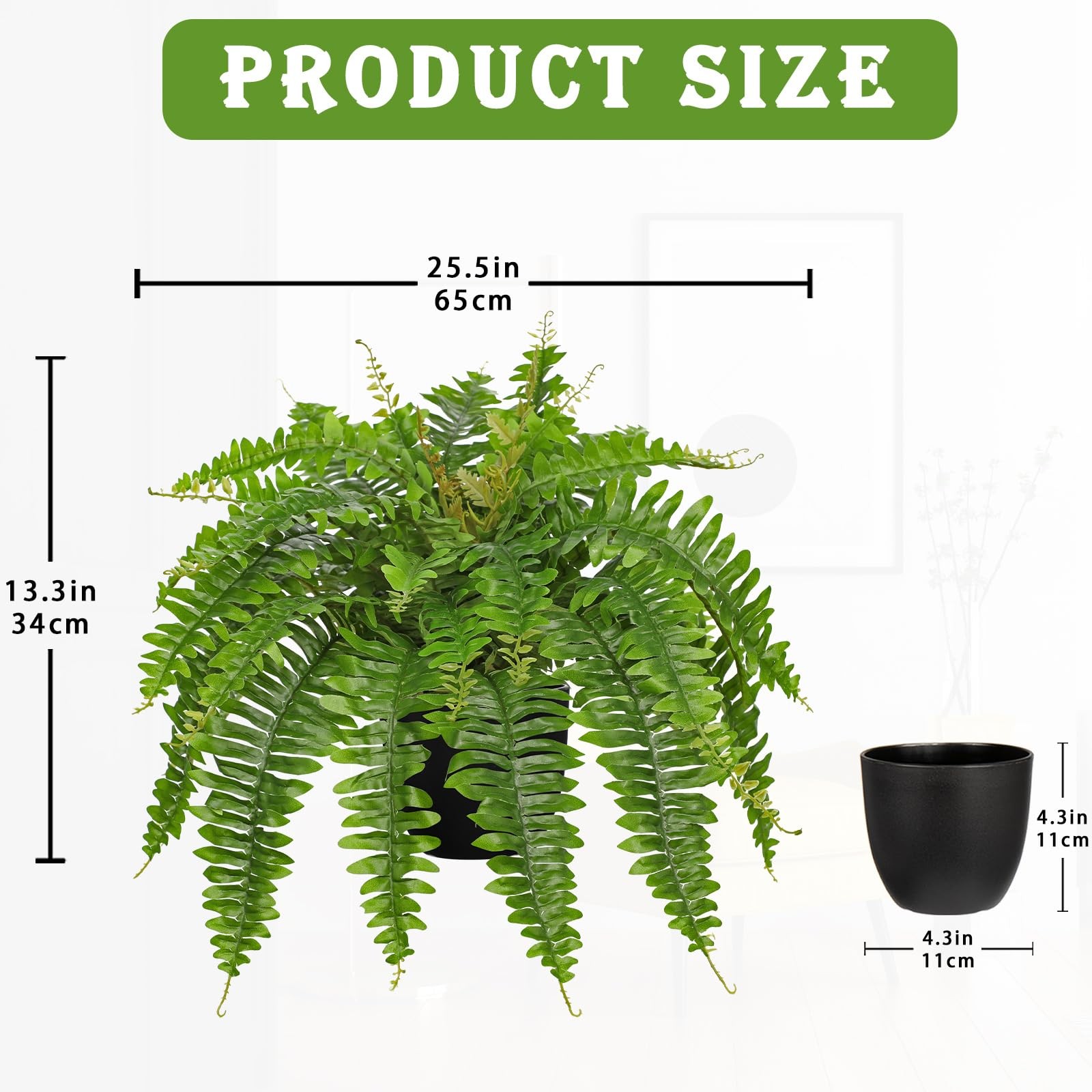 Hollyone Artificial Fern Plants in Pot 25.5″ Black – Green Medium