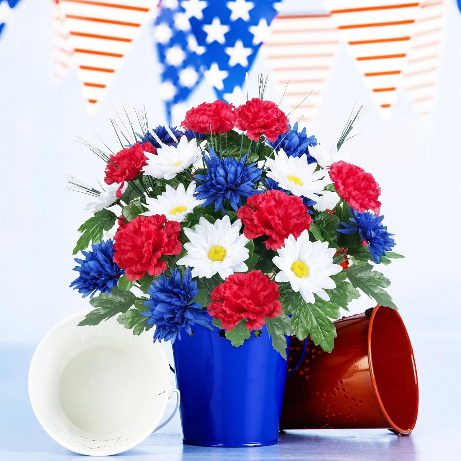 Artificial Flower Patriotic Memorial Bouquet Red White and Blue 17.3″ 13 Heads