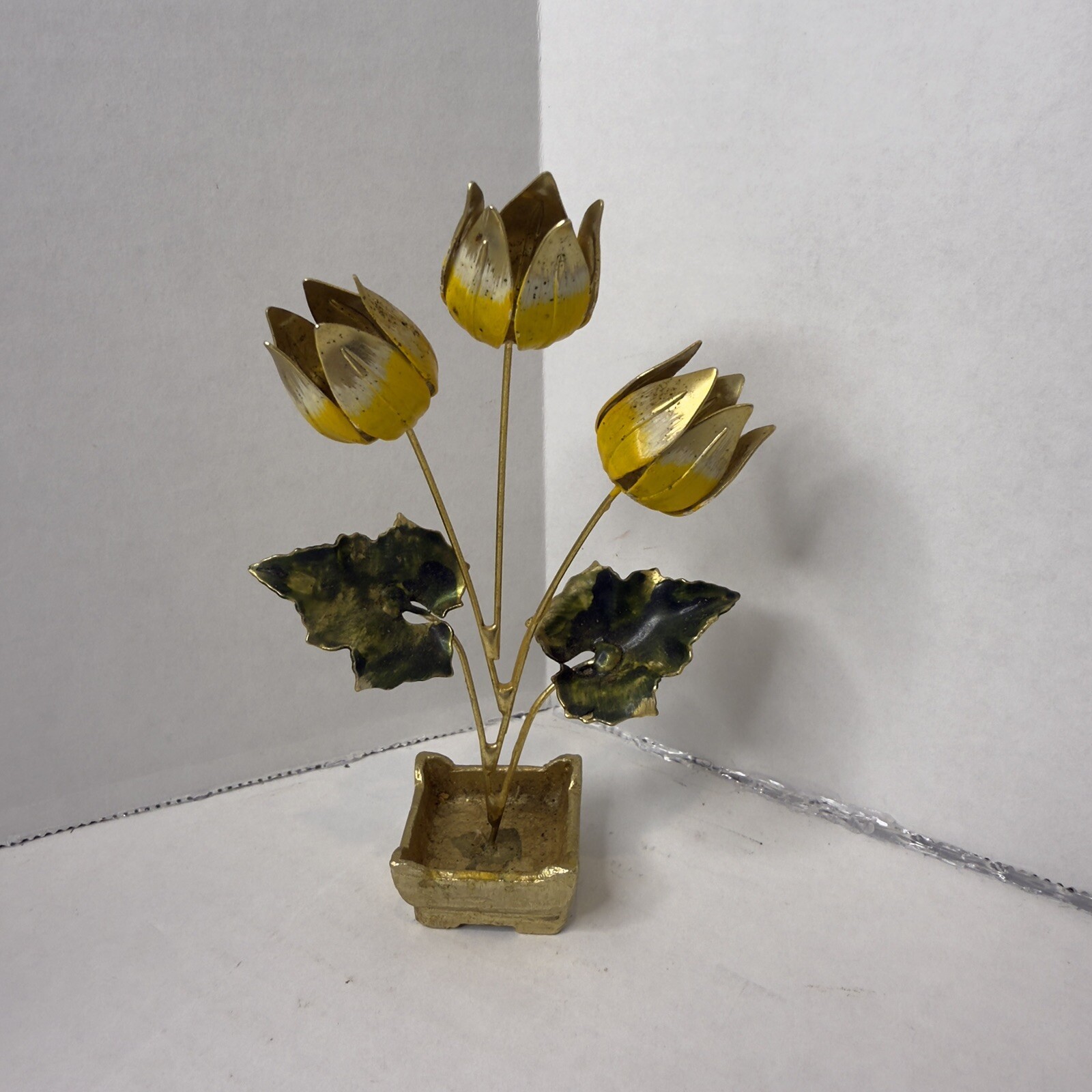 Vintage Chinese Brass and Enamel Flower Arrangement Tulips