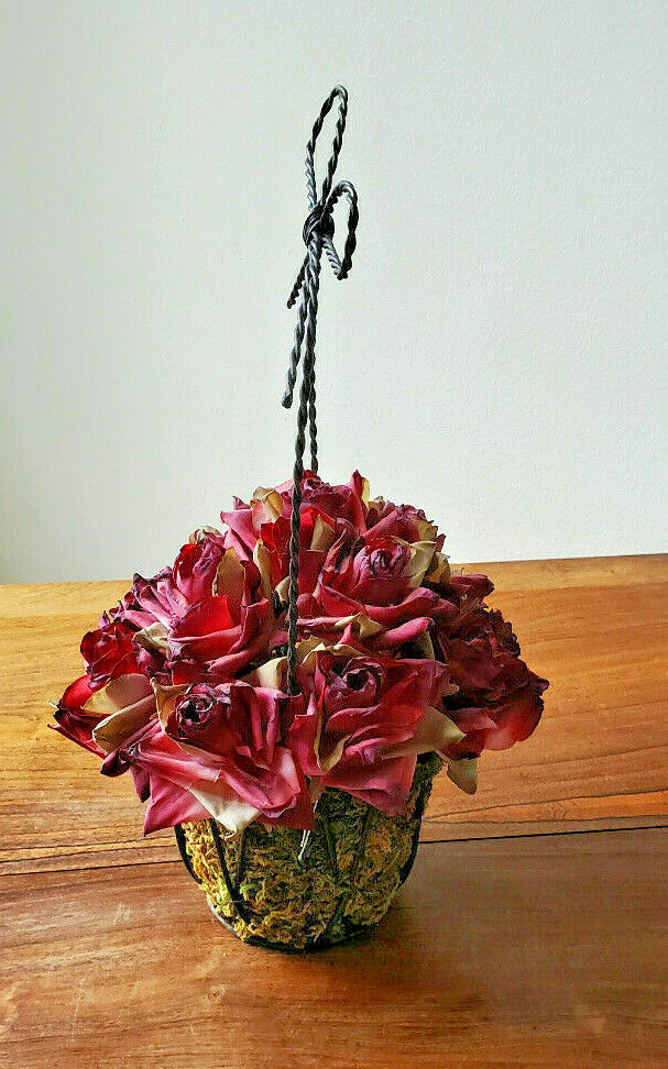 Artificial Fall Bouquet Of Roses In A Black Intertwined Wired Basket