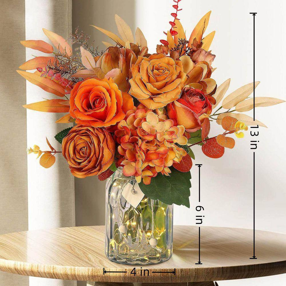 13 In. Orange Indoor Rose Hydrangea Floral Arrangement in Clear Glass Vase, Fall