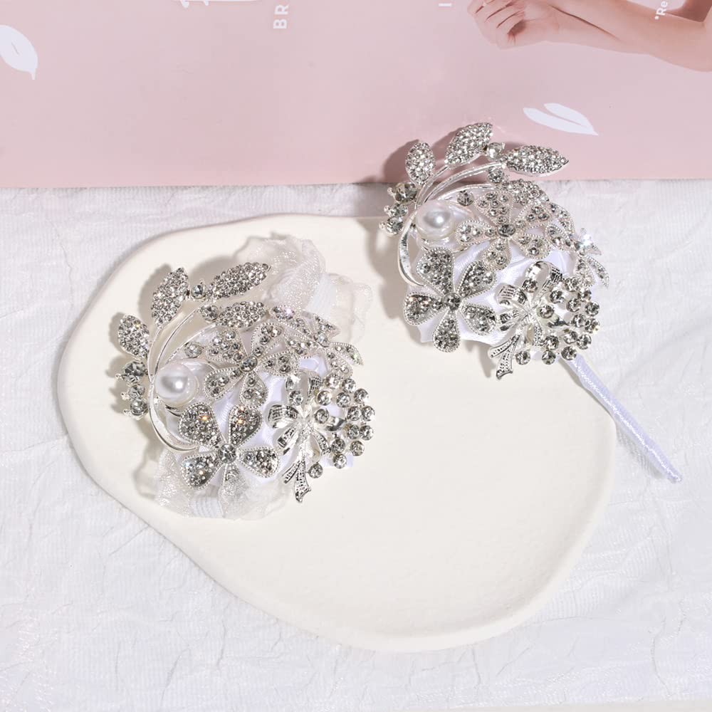 Wrist Corsage Pearl Rhinestone Boutonniere Set Wedding Prom Silver White