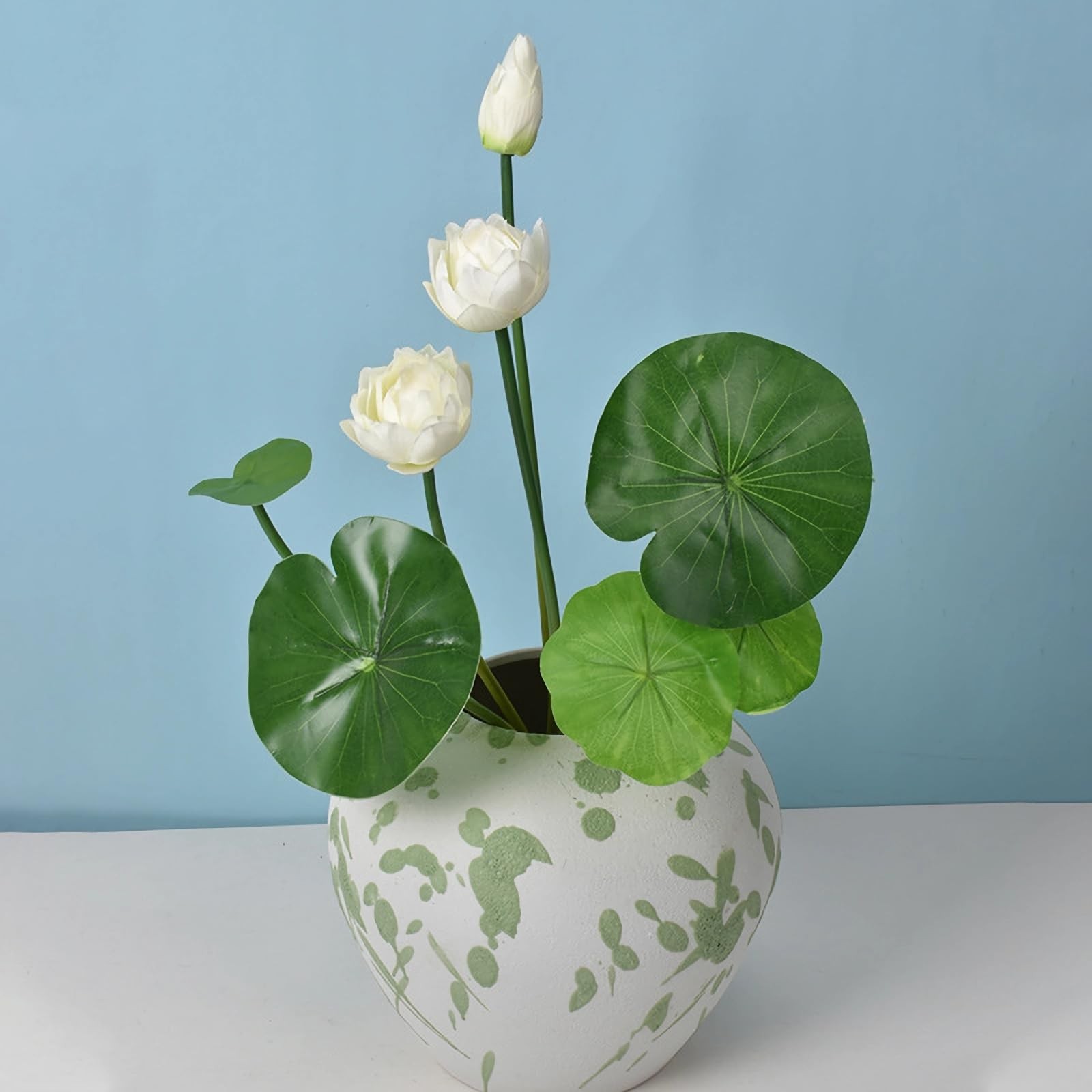 2pcs Artificial Lotus Flowers with Leaves 17″ Mini White Fake Water Lily Bouq…