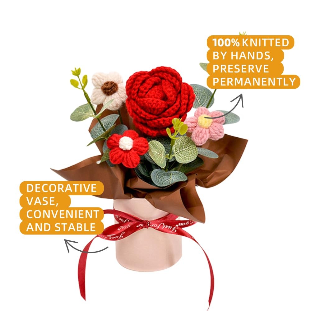 Crochet Medium Rose Flower Bouquet: Handmade Knitted Bouquet for Mother’s Day Bi