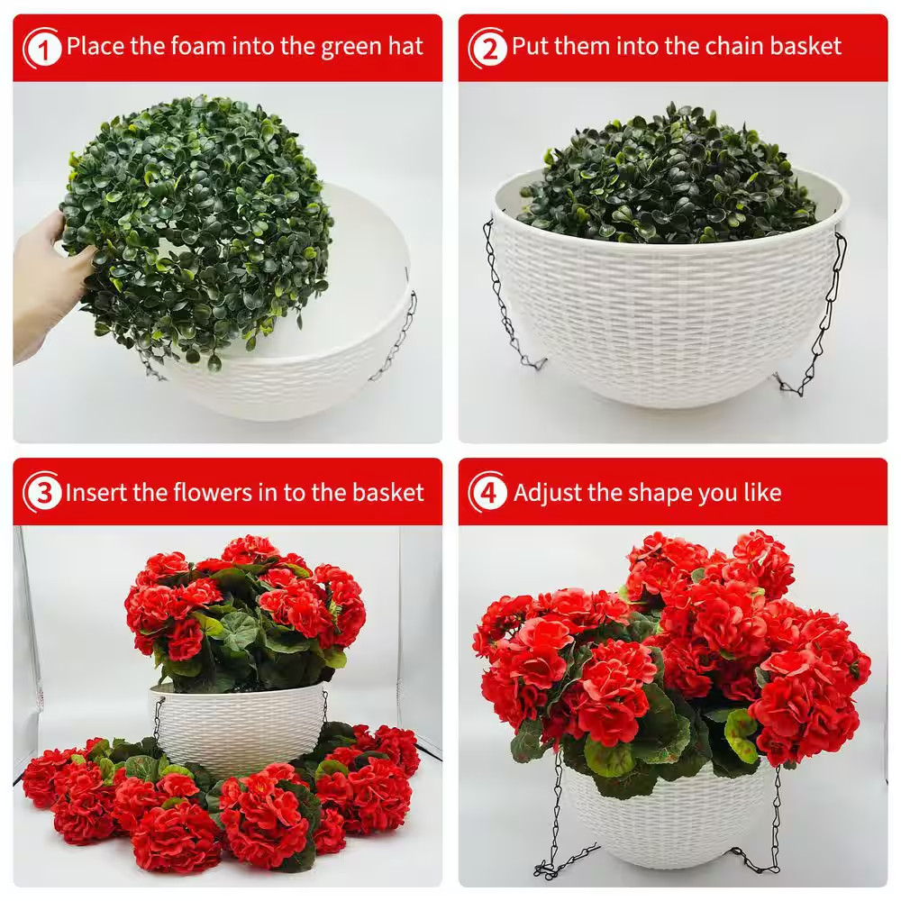 2-Set 10 In. Red Artificial Geranium Flowers W/ White Basket, Artificial Hanging