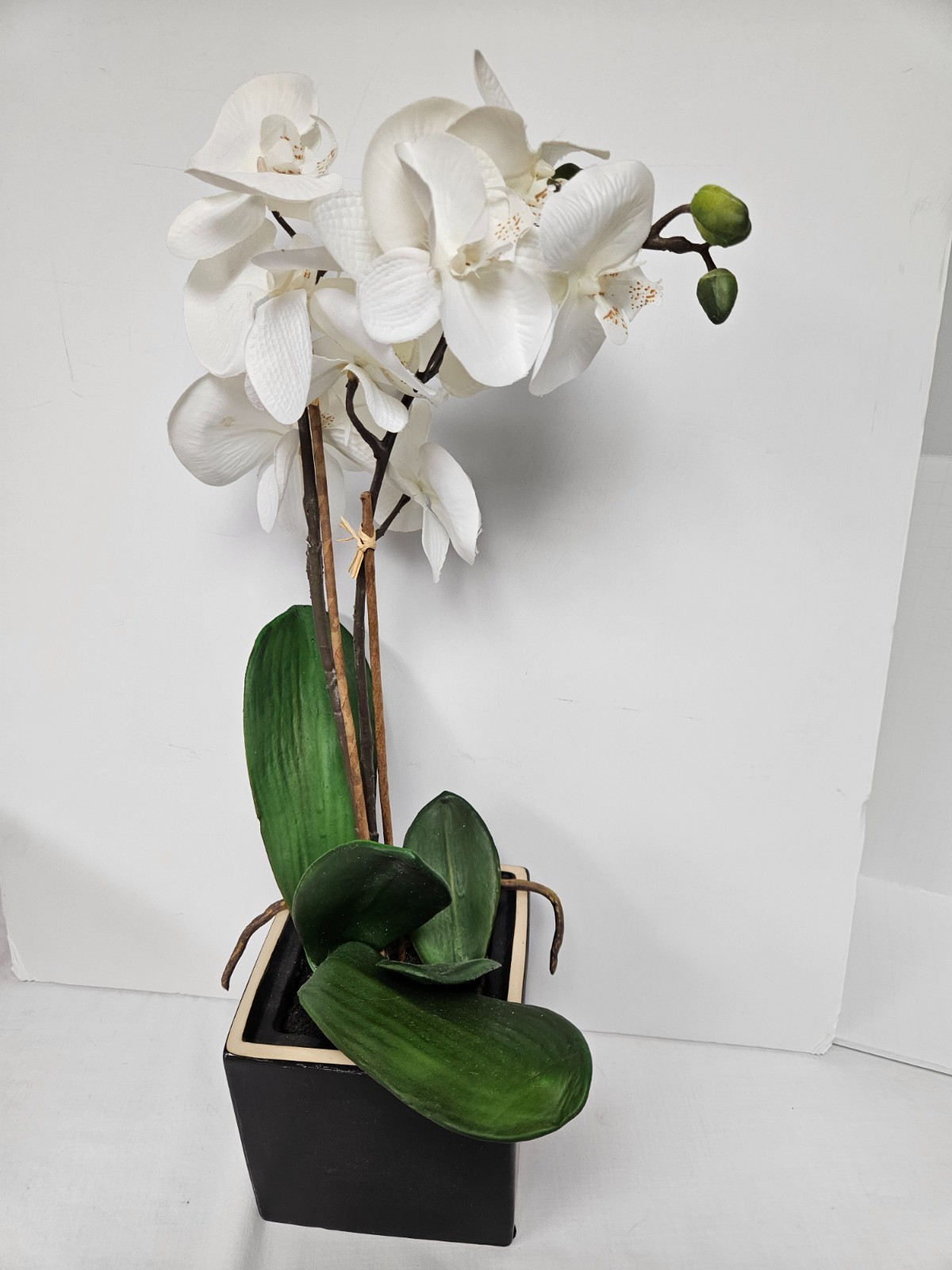 Artificial White Orchid Flower Plant in Black Pot