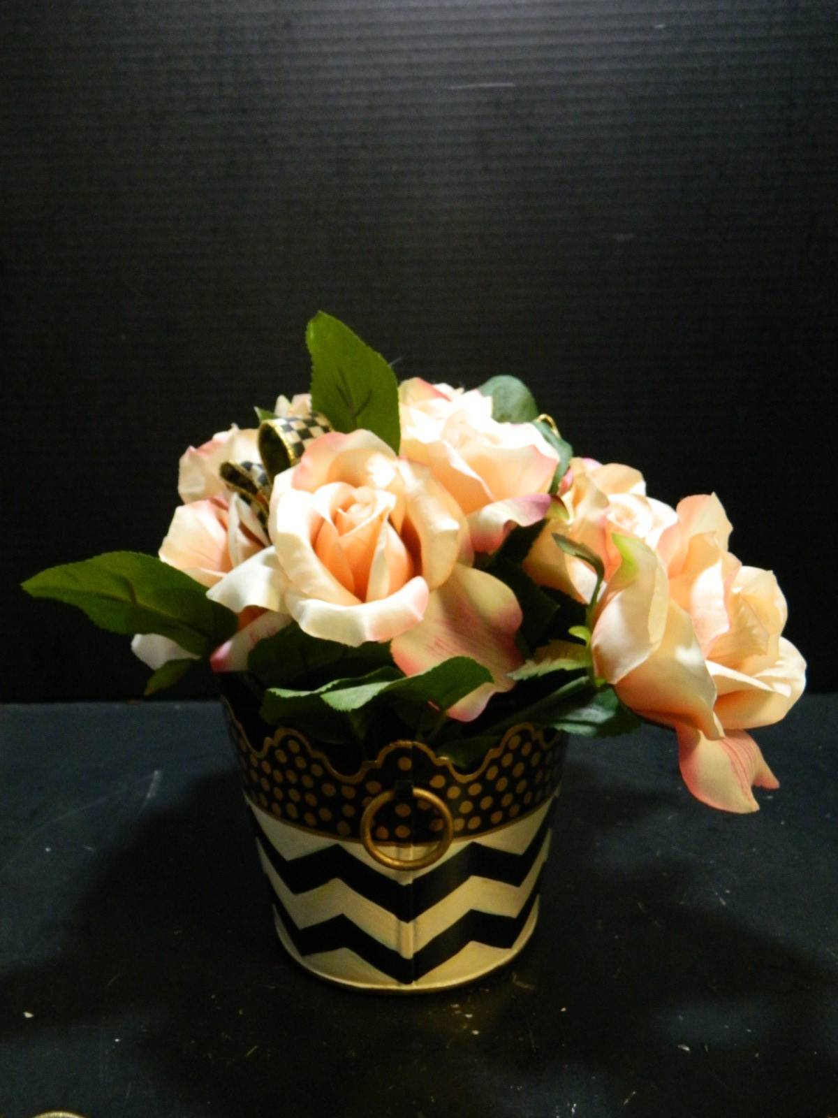 Mackenzie Childs Black & White Zig Zag Flower Pot w/ Flower Arrangement Excel