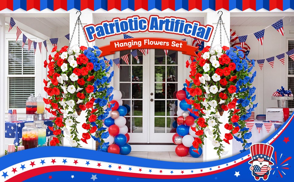 12 Pcs Red White Blue Artificial Hanging Flowers Outdoor with 2 Baskets 250th
