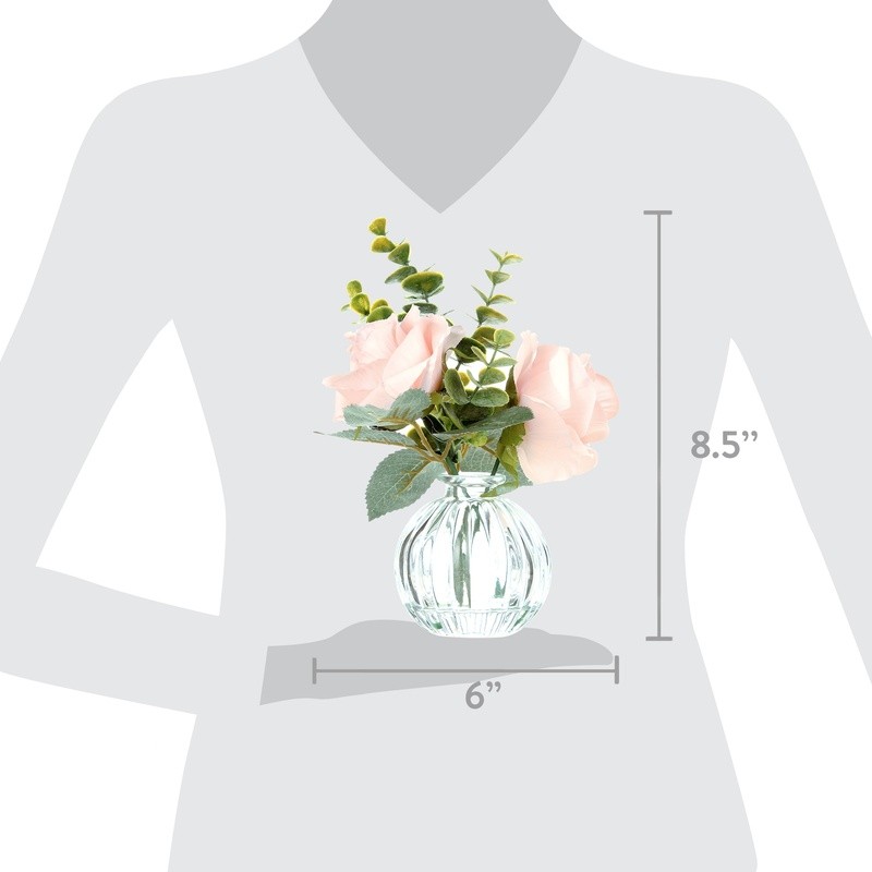 Tabletop Faux Rose Floral Arrangement in Clear Glass Vase W/ Faux Water New