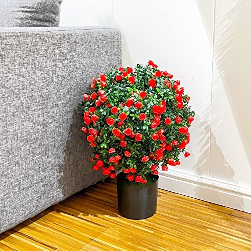 21.6” Tall Artificial Rose Topiary Ball Tree Set of 2 Pack Potted Bushes Red