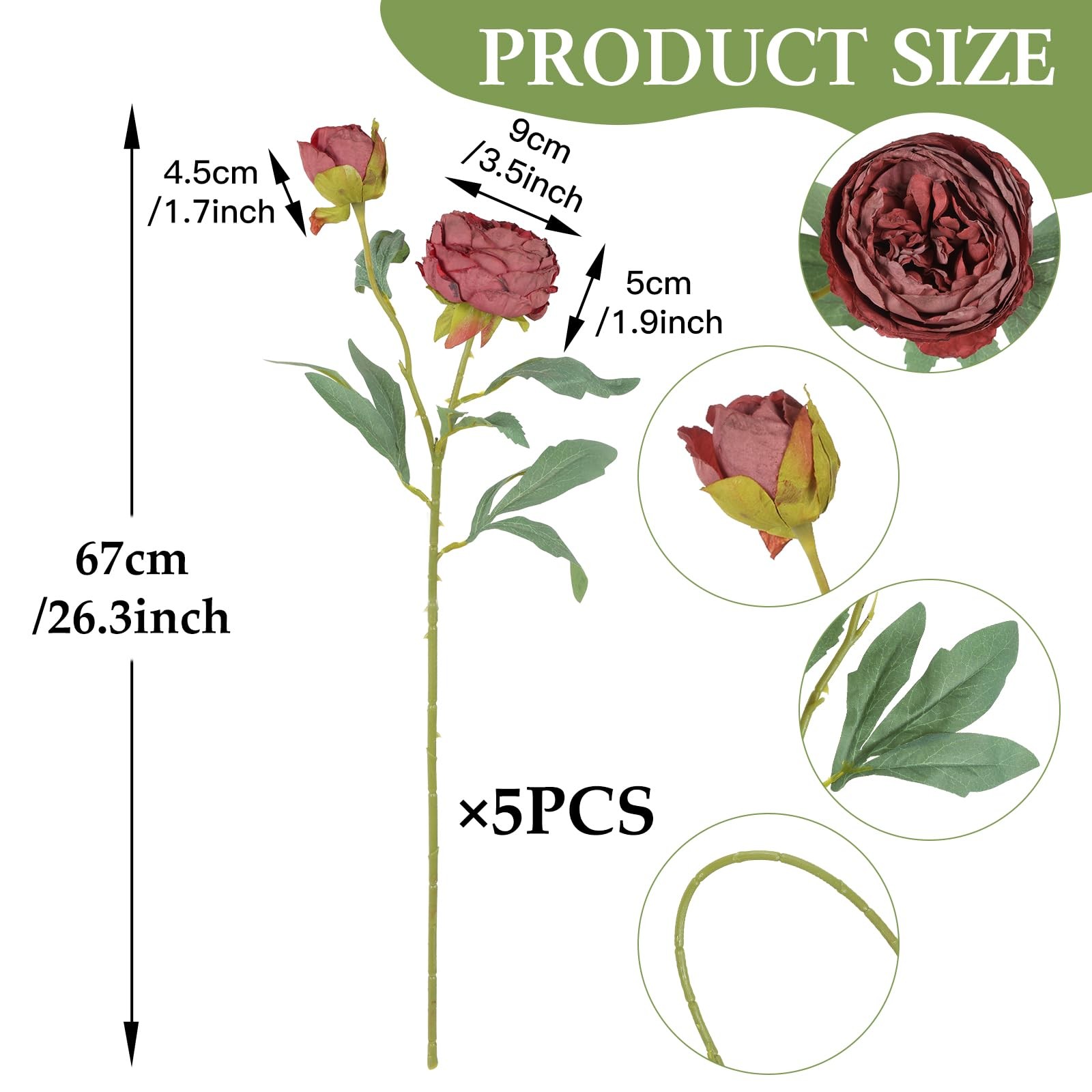Dark Red Roses Artificial Flowers 5PCS Vintage Fake Roses with Long Stems 26″…