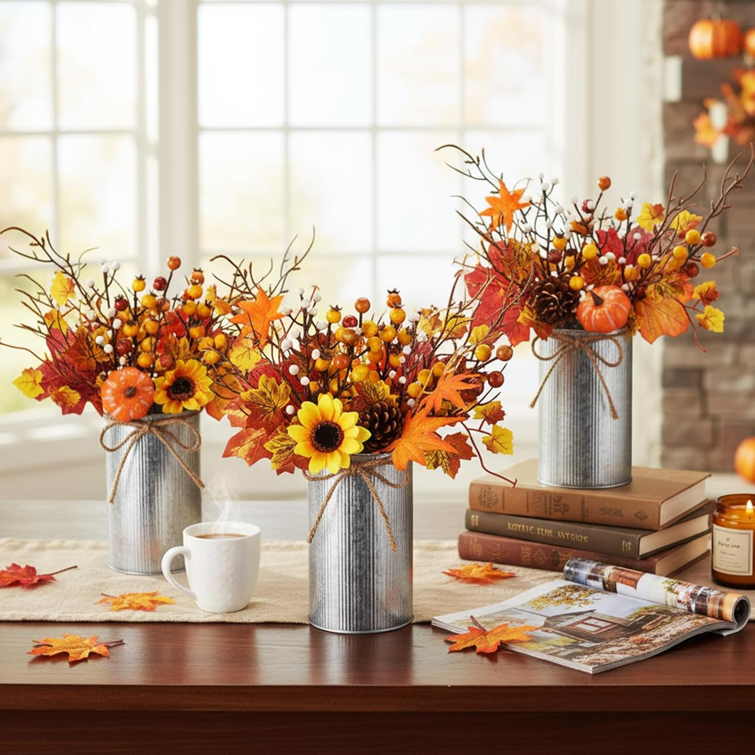 Autumn Harvest Centerpiece Set with Pumpkins & Flowers for Rustic Home Decor