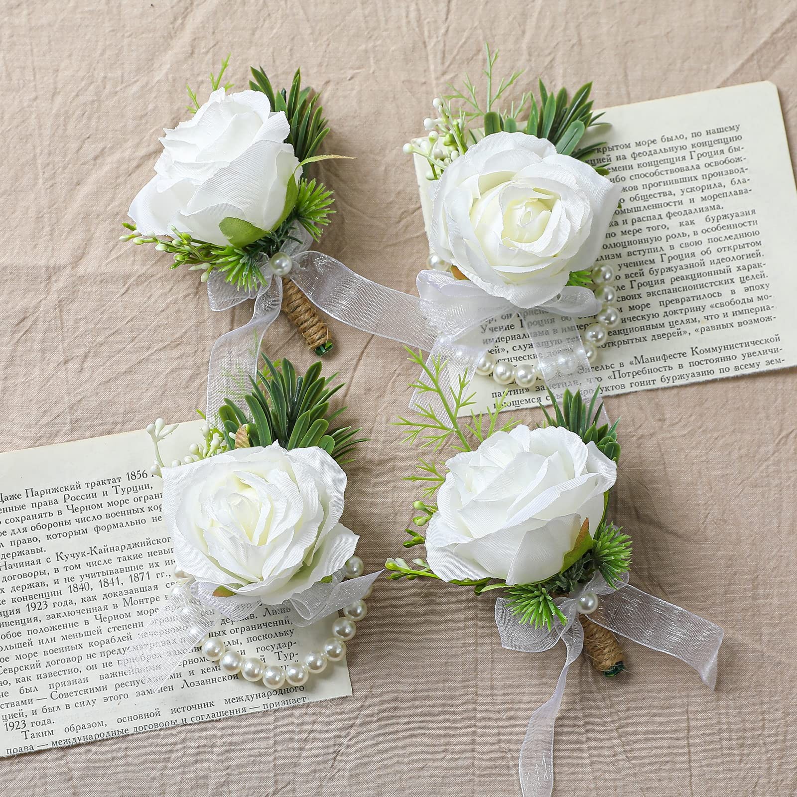 Artificial Flowers White Rose Wrist Men’s Corsage Wedding Set 2 Boutonniere